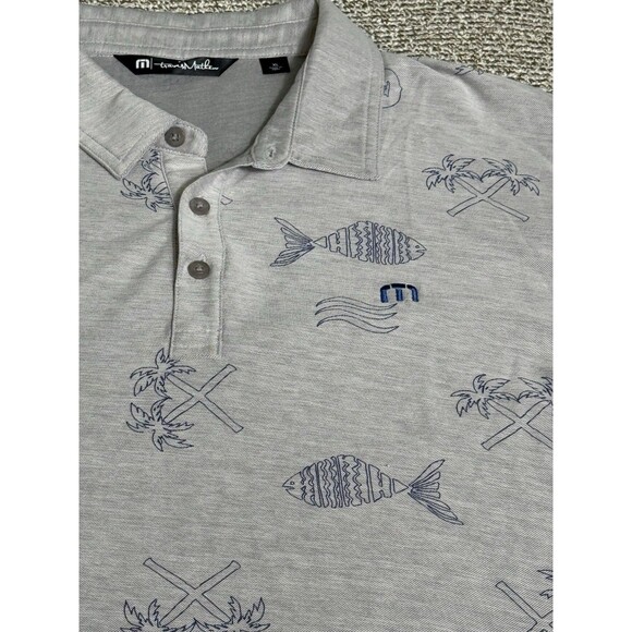 Travis Mathew Polo Men's XL Grey Fish Palm All Over Print Graphic Short Sleeve - Picture 2 of 8